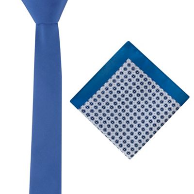 Bright blue tie and floral tile pocket square set